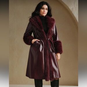 PLUS SIZE • luxury vintage style faux fur trimmed coat burgundy vegan leather